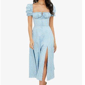 Blue Ivory Floral House of CB Tallulah Puff Sleeve Midi Dress in Size S (2-4)